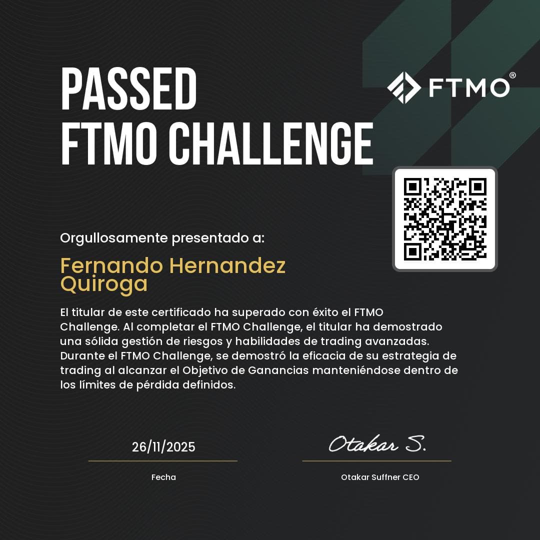 Certificado FTMO Challenge · Fernando Hernández Quiroga · Noviembre 2025